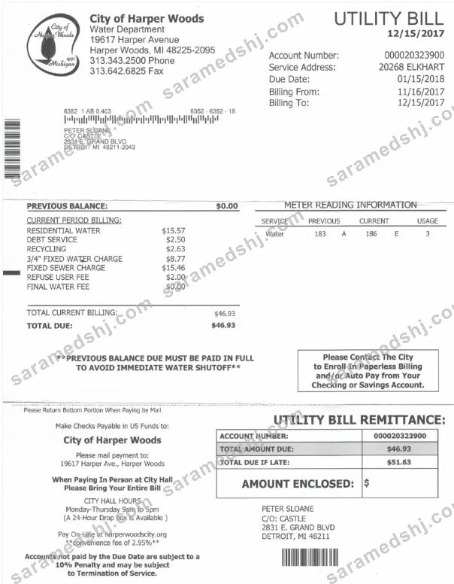 USA CITY OF HARPER WOODS utility bill Word and PDF template